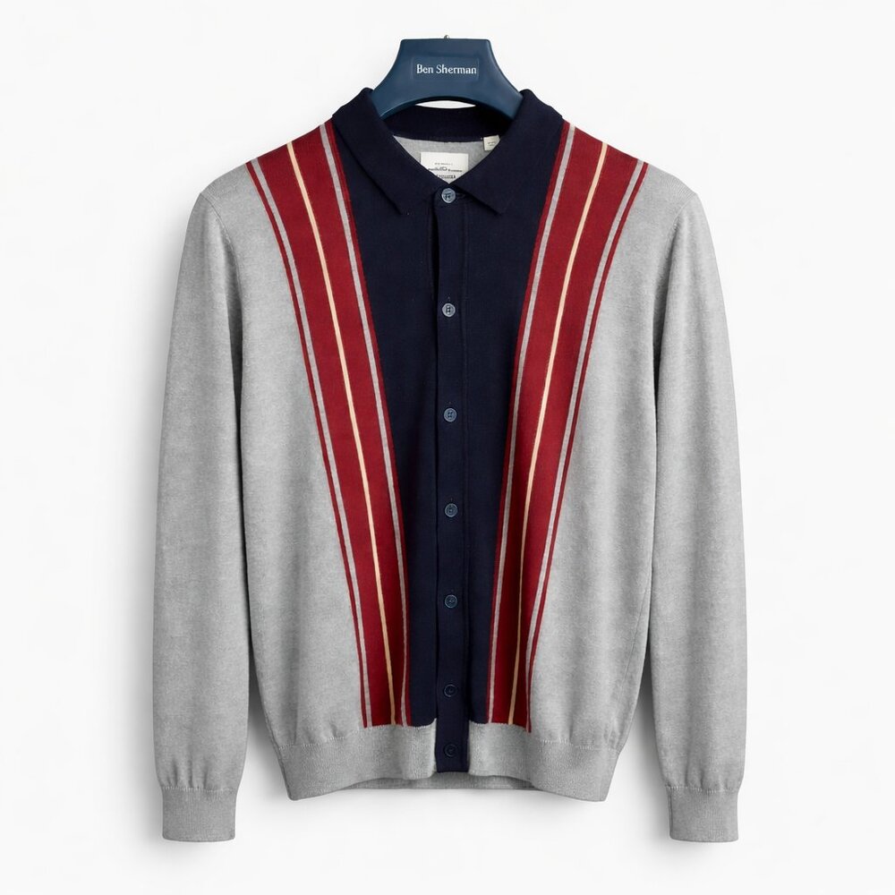 Men's Medium Ben Sherman Long Sleeve Knit Polo Shirt Vertical Stripes Gray Blue